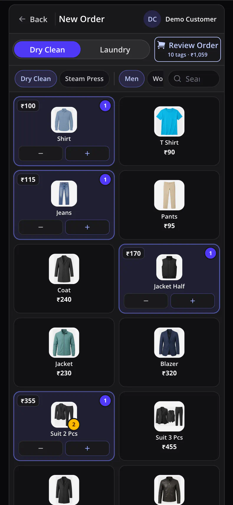 LaundryBook New Order screen showing Dry Clean and Laundry modes, the garment catalog, selected items, and order review