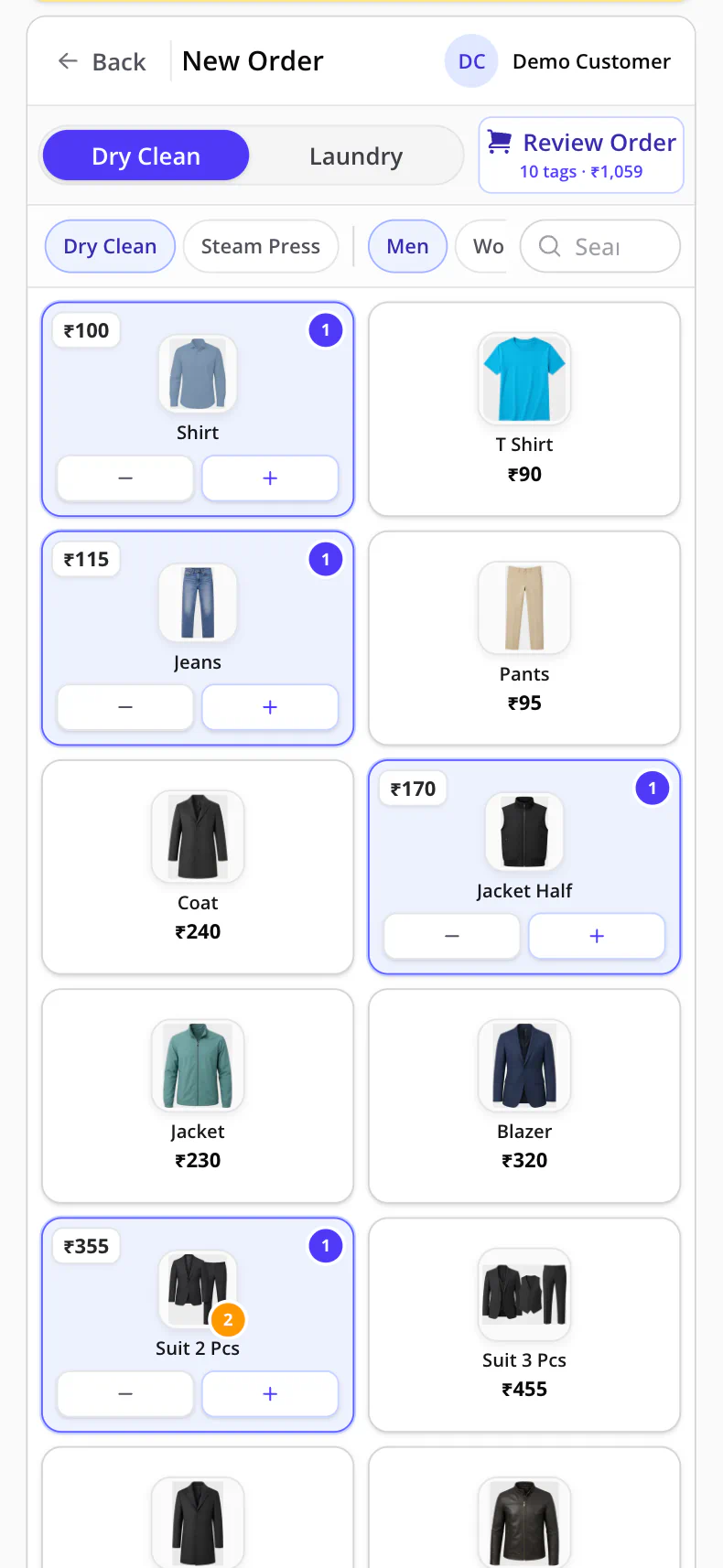 LaundryBook New Order screen showing Dry Clean and Laundry modes, the garment catalog, selected items, and order review